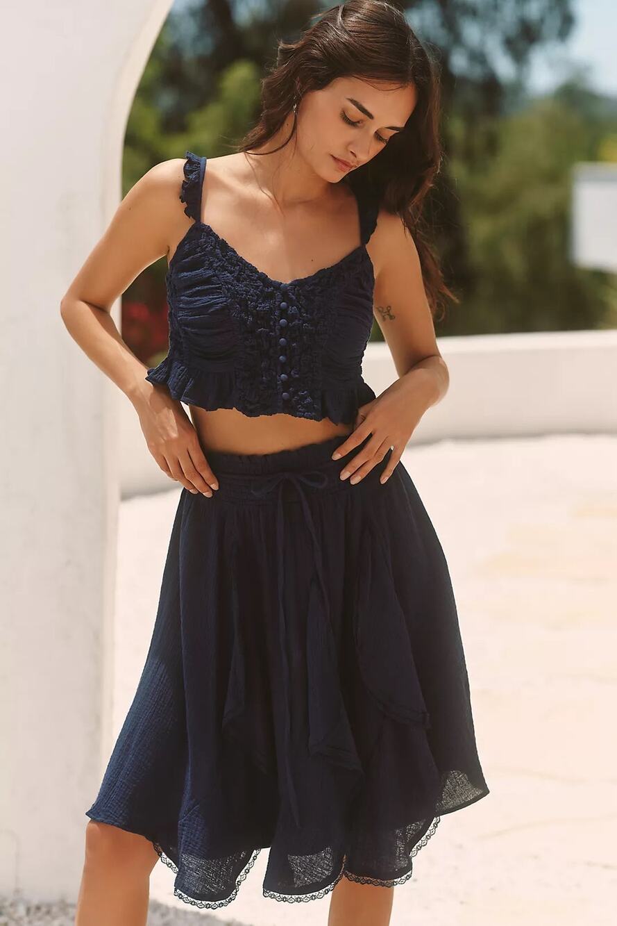 Anthropologie | Celandine Navy Blue Peasant Boho Smocked Strappy Crop Top SMALL